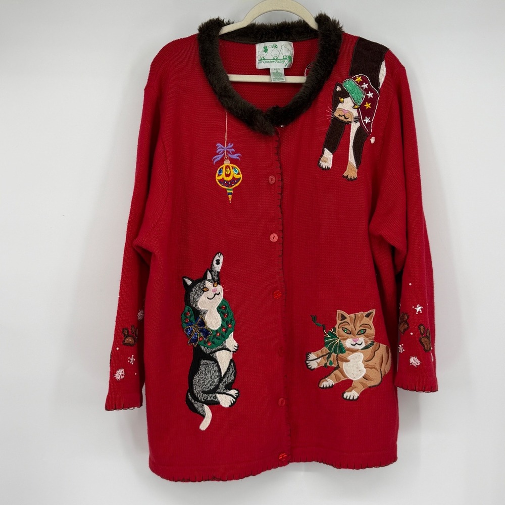 Vintage Quacker Factory Christmas Cat Cardigan Womens 1X Red Embellished